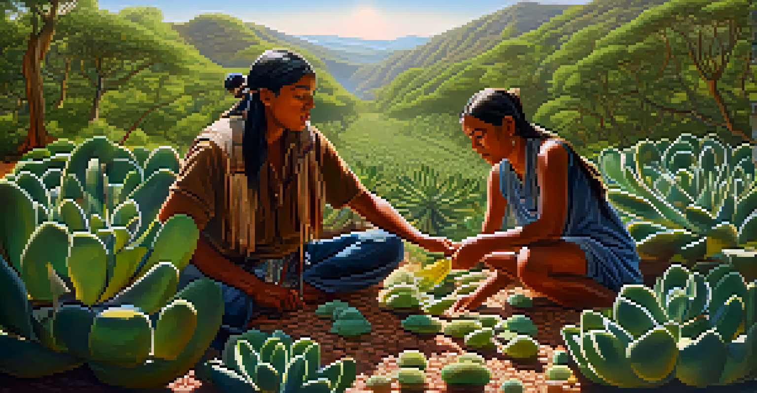 Indigenous individuals respectfully harvesting peyote in a lush landscape, surrounded by plants and wildlife, with sunlight filtering through trees.