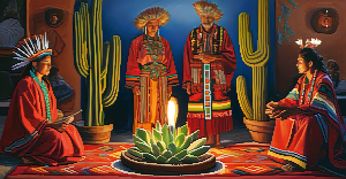 A peyote cactus in a ceremonial setting with participants in colorful attire, surrounded by indigenous patterns and soft candlelight.