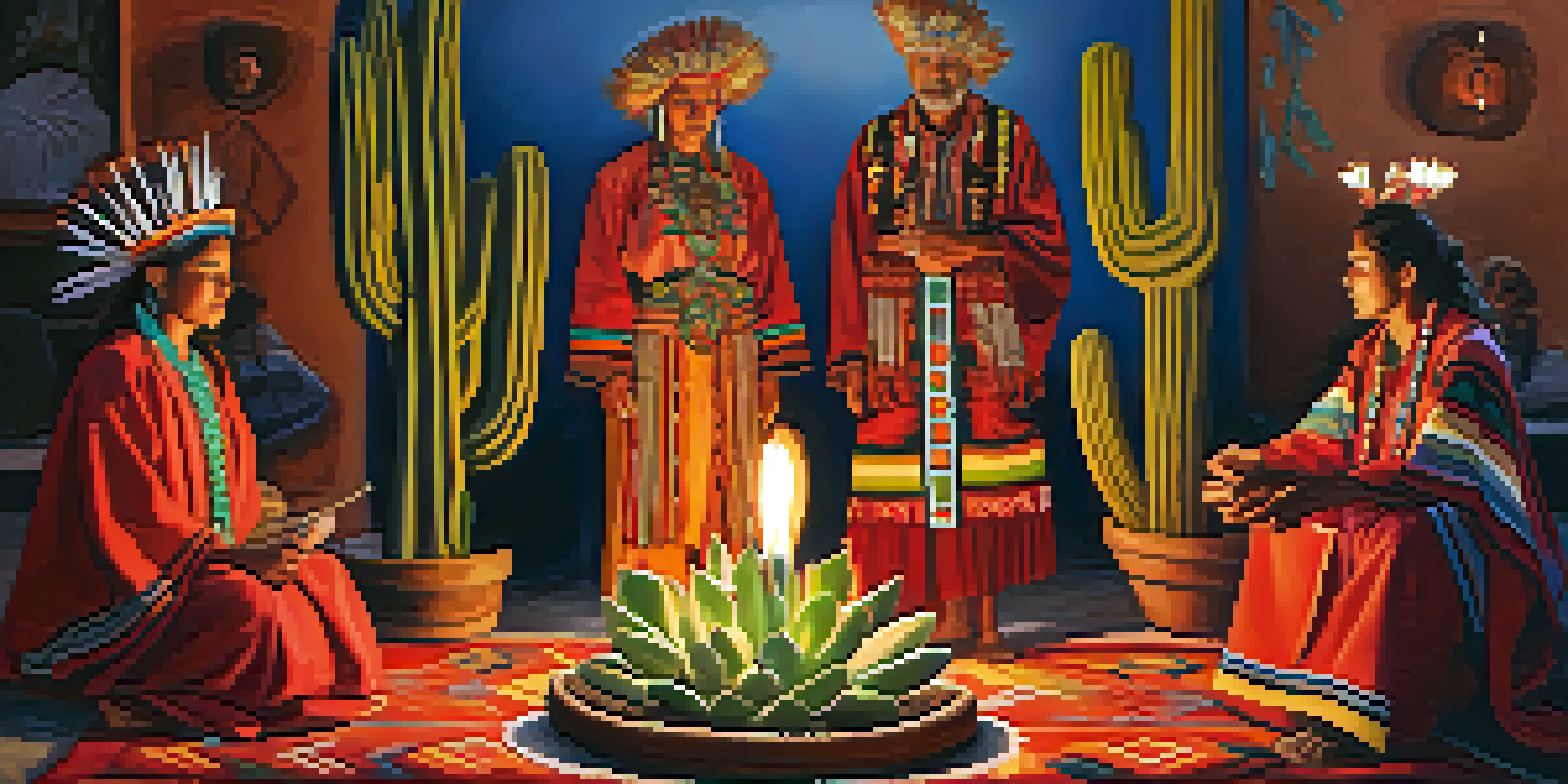 A peyote cactus in a ceremonial setting with participants in colorful attire, surrounded by indigenous patterns and soft candlelight.