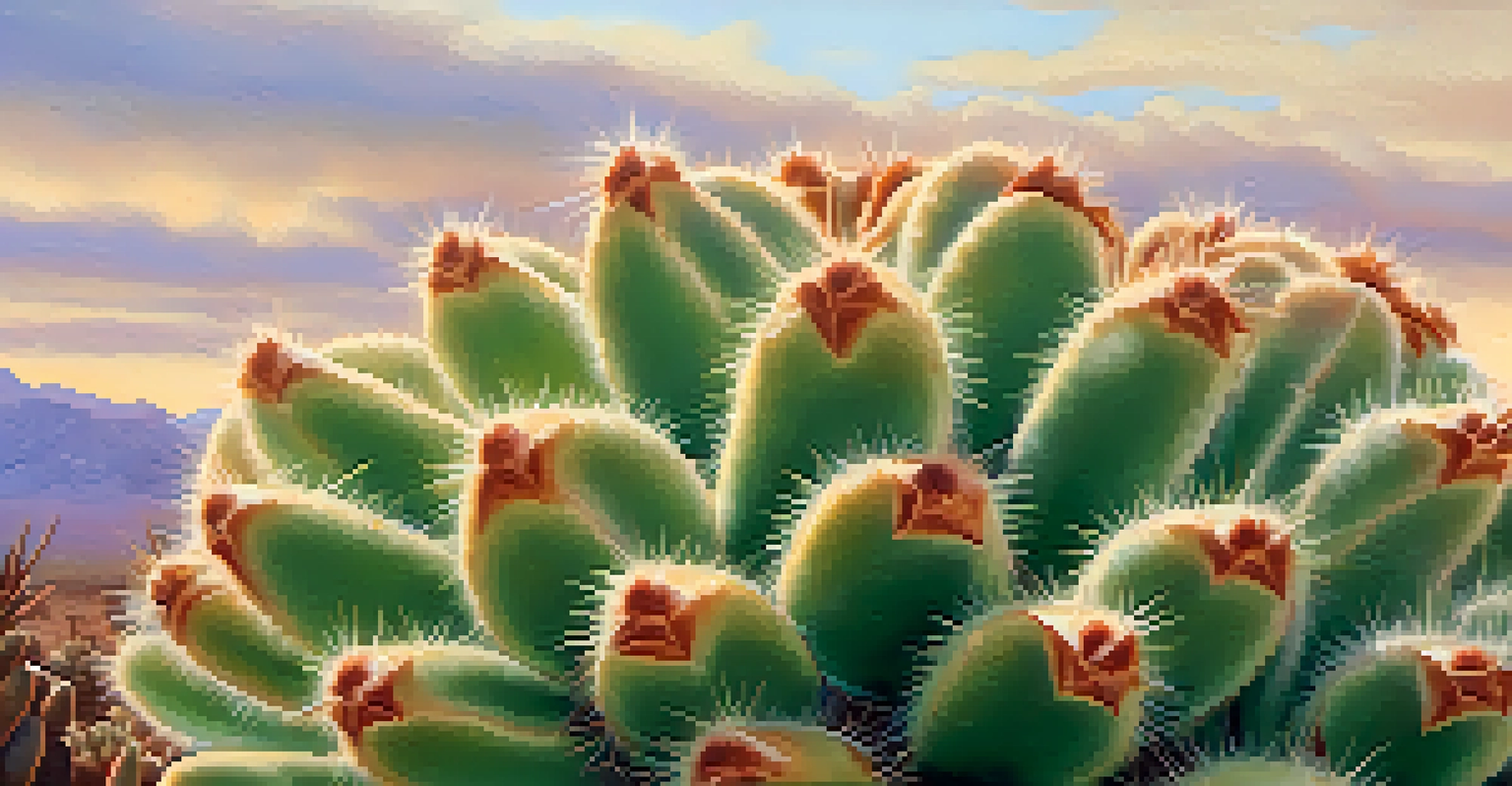 A close-up of a peyote cactus highlighting its texture and colors against a blurred desert landscape.