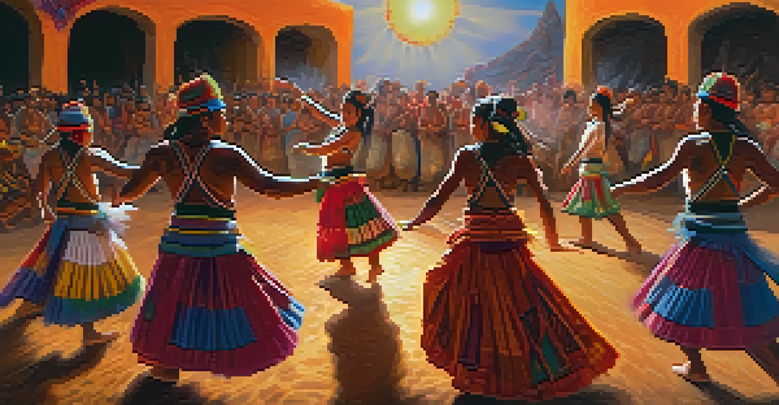 Participants dancing during a peyote ceremony, wearing traditional costumes, with colorful banners and drums in the background, illuminated by firelight.