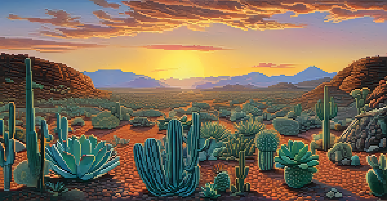 Indigenous individuals harvesting peyote at sunset, surrounded by a colorful sky and desert landscape.