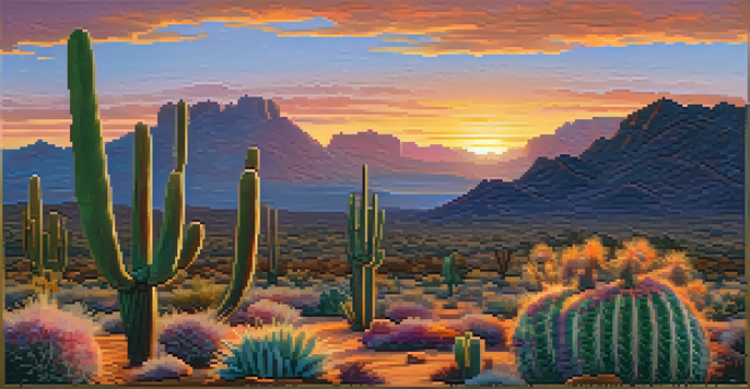 A picturesque desert landscape featuring peyote cacti against a colorful sunset with mountains in the background.