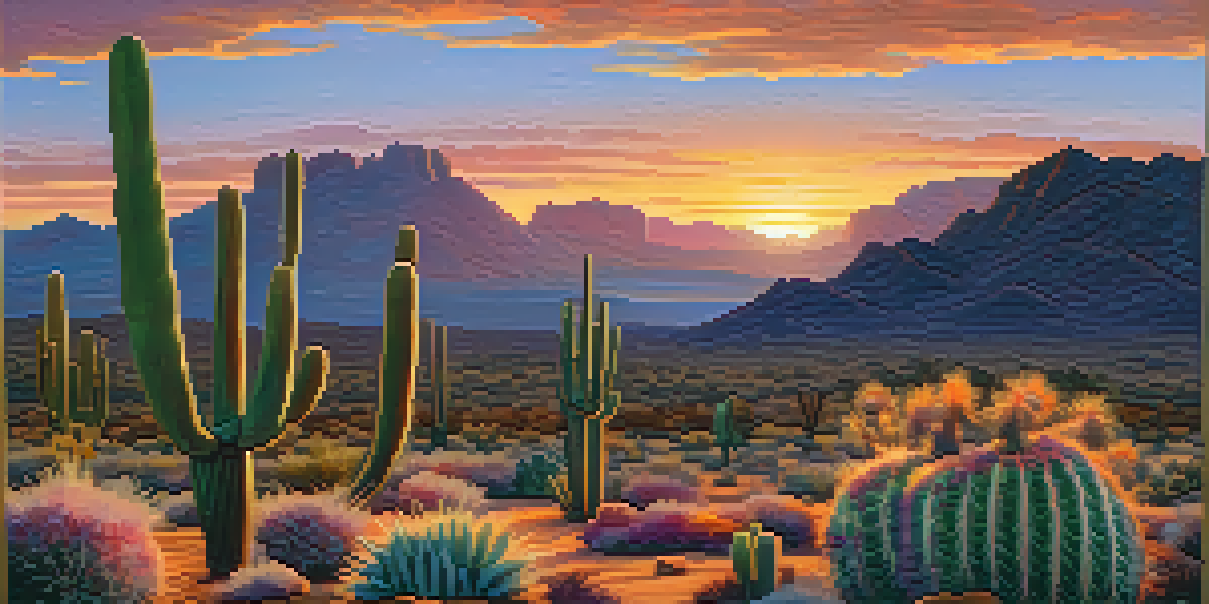 A picturesque desert landscape featuring peyote cacti against a colorful sunset with mountains in the background.