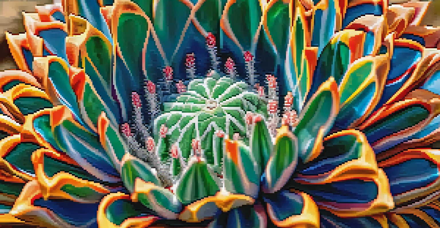 A detailed close-up of a peyote cactus showcasing its textured surface and bright colors, with soft sunlight in the background.