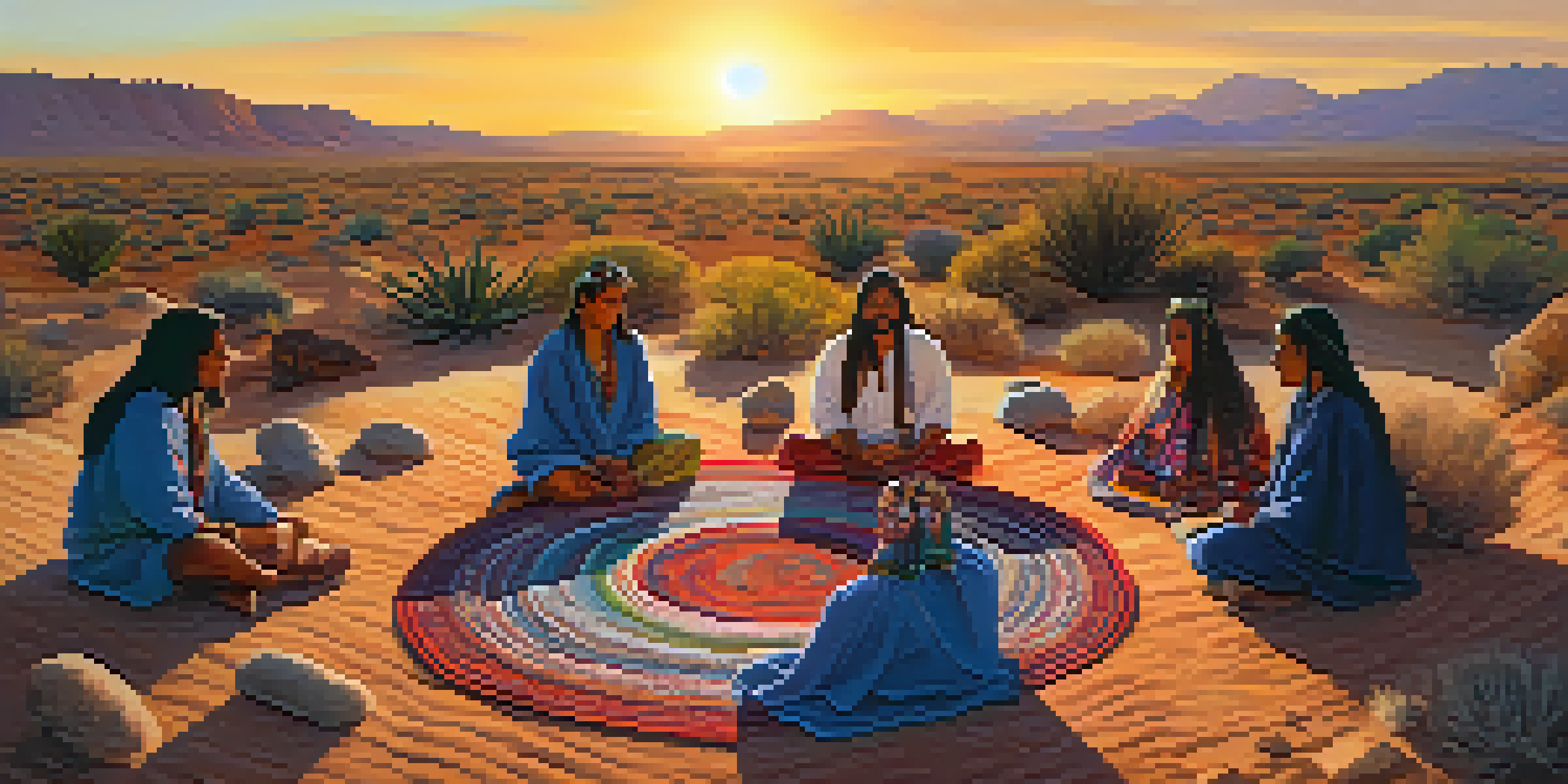 A peaceful peyote ceremony in a desert during sunset, with participants seated in a circle around an altar.