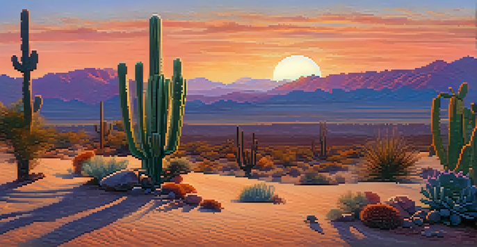 A peaceful desert scene at sunset with a small peyote cactus in the foreground and colorful skies.