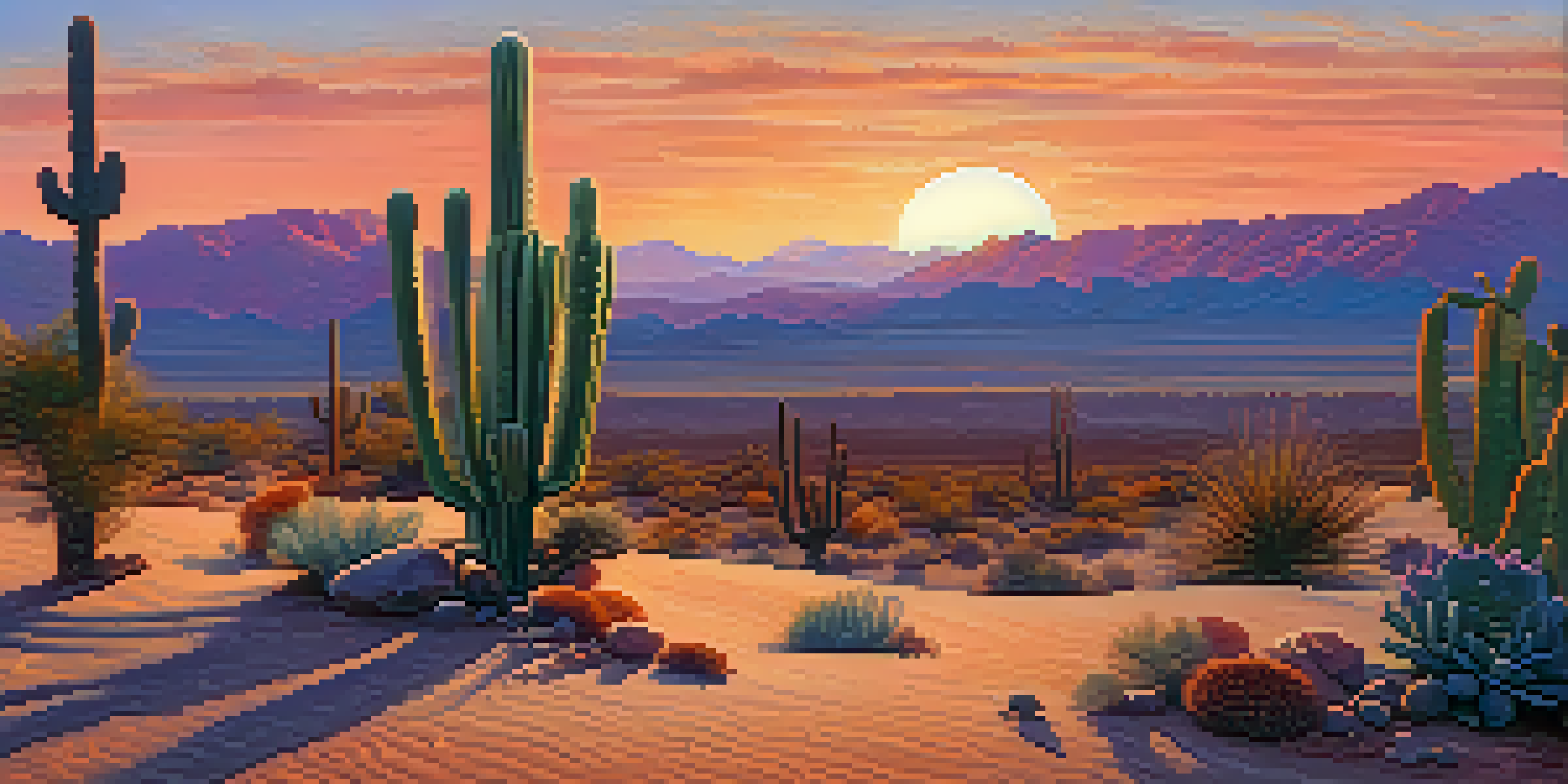 A peaceful desert scene at sunset with a small peyote cactus in the foreground and colorful skies.