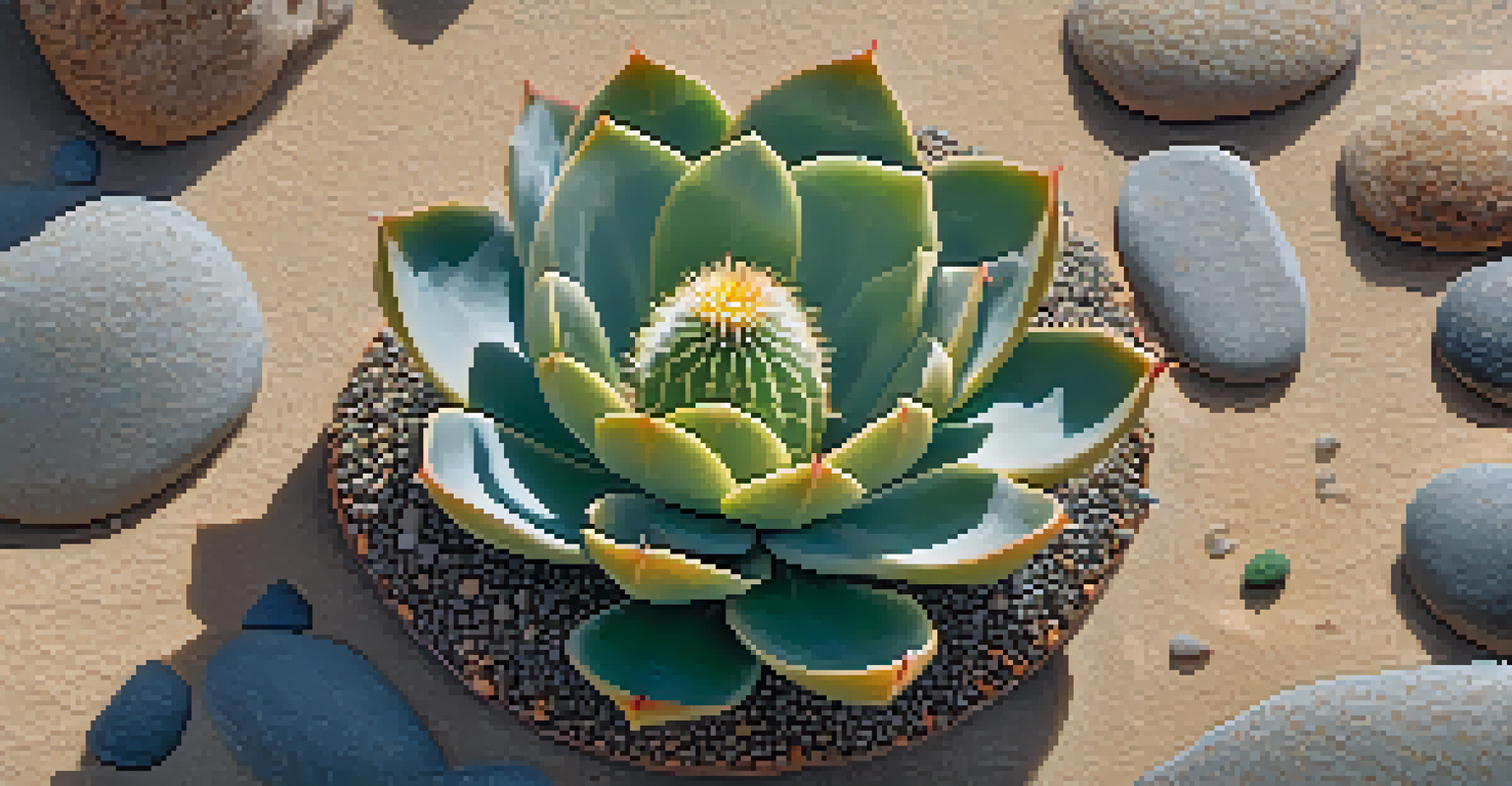 A close-up of a peyote cactus showcasing its textures, surrounded by pebbles and desert plants in soft morning light.