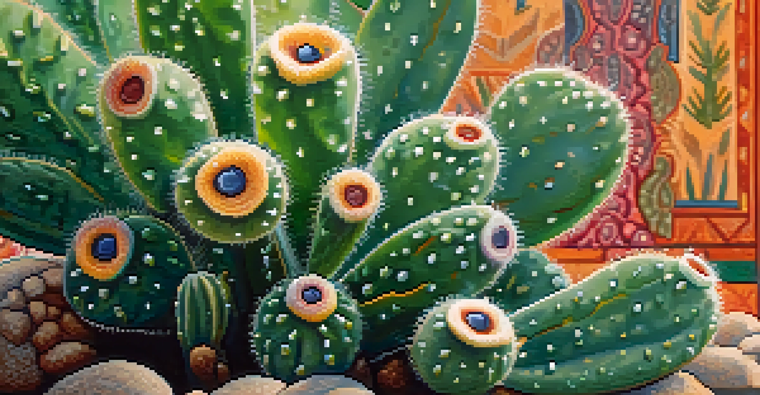 Close-up of a Peyote cactus with dew drops, set against a blurred background of ceremonial textiles and artifacts.