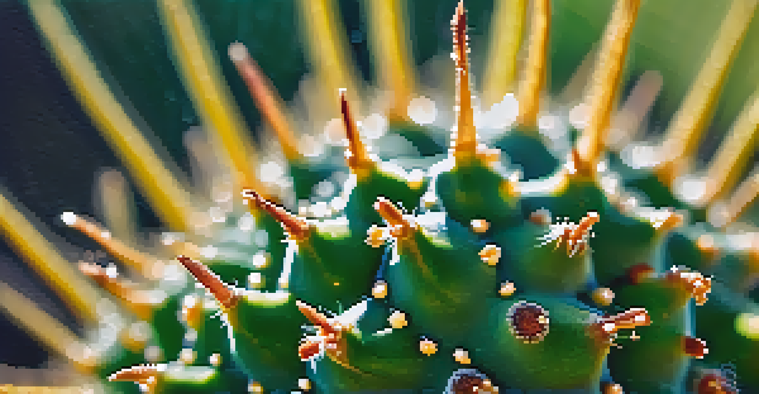 A close-up view of a peyote cactus highlighting its textures and dew-covered surface.