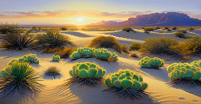 A peaceful desert scene with a green Peyote cactus at sunrise, golden sand dunes, and colorful wildflowers.
