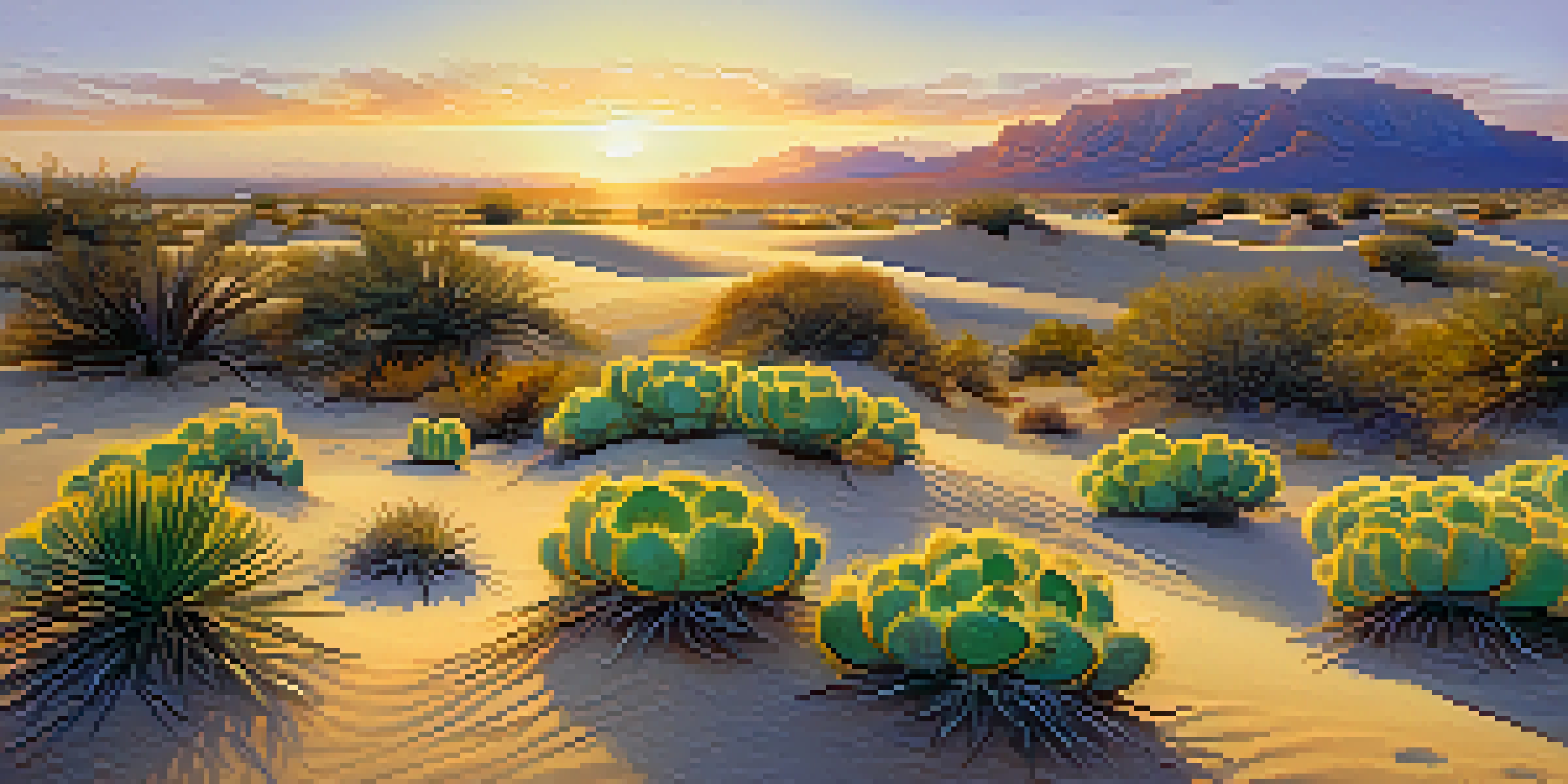 A peaceful desert scene with a green Peyote cactus at sunrise, golden sand dunes, and colorful wildflowers.