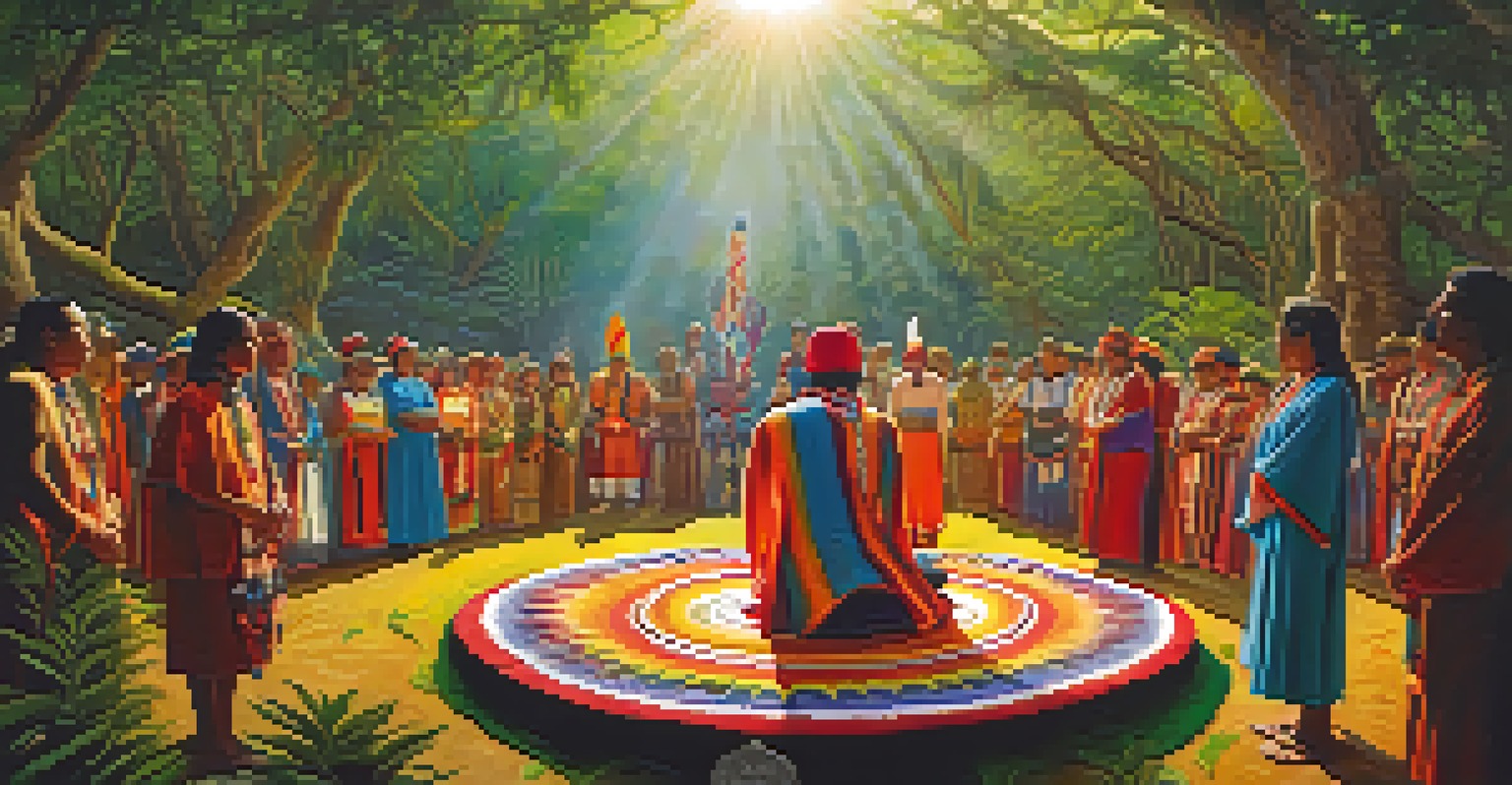 An Indigenous person in traditional clothing participating in a peyote ceremony with others in a natural setting.