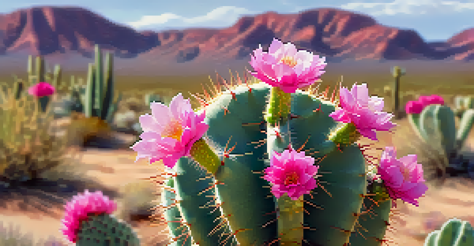 A close-up of a peyote cactus with pink flowers against a soft-focus desert background, highlighting its intricate details.