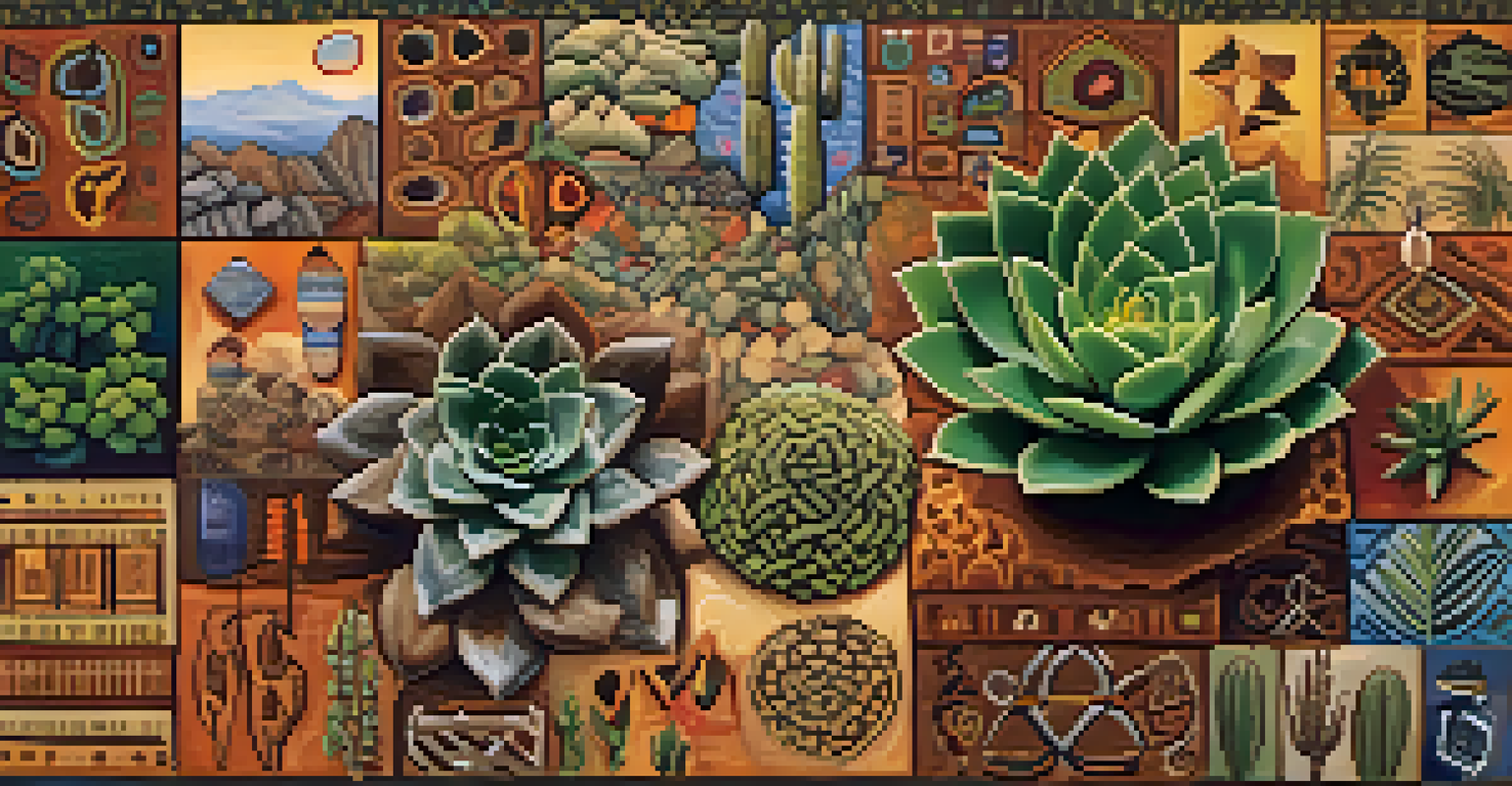 A collage of peyote cacti and Indigenous language symbols, showcasing cultural diversity.