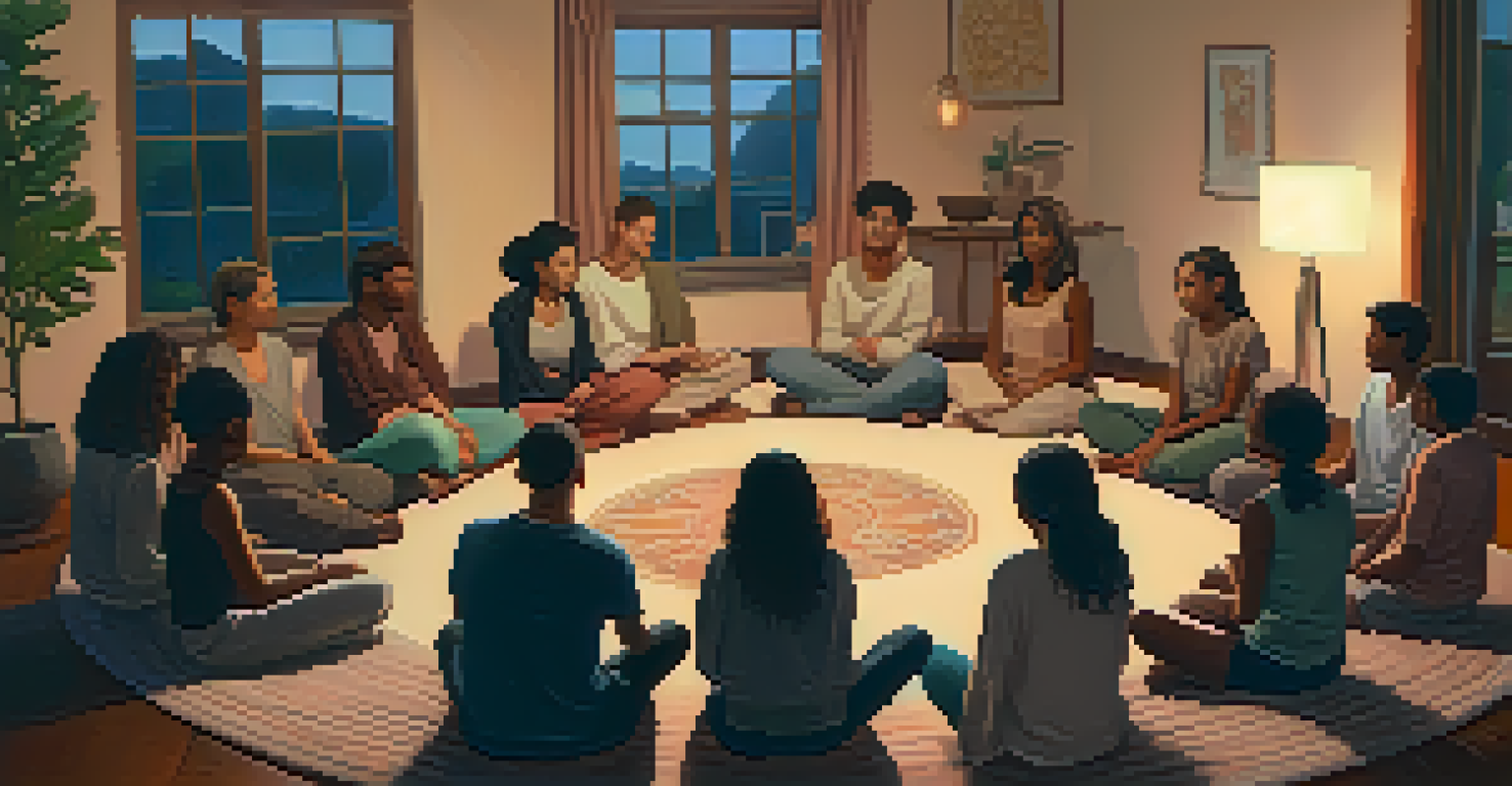 A diverse group of individuals sitting in a circle in a warm, cozy room, engaged in sharing intentions for mindfulness; the atmosphere is supportive and welcoming.