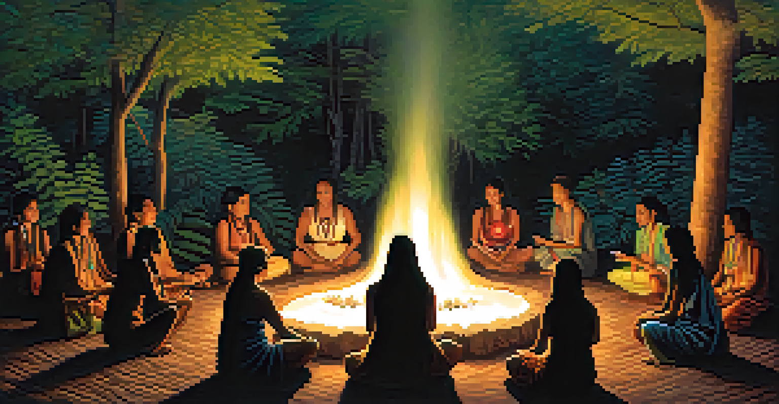 A circle of participants in a healing ceremony around a fire in a forest.