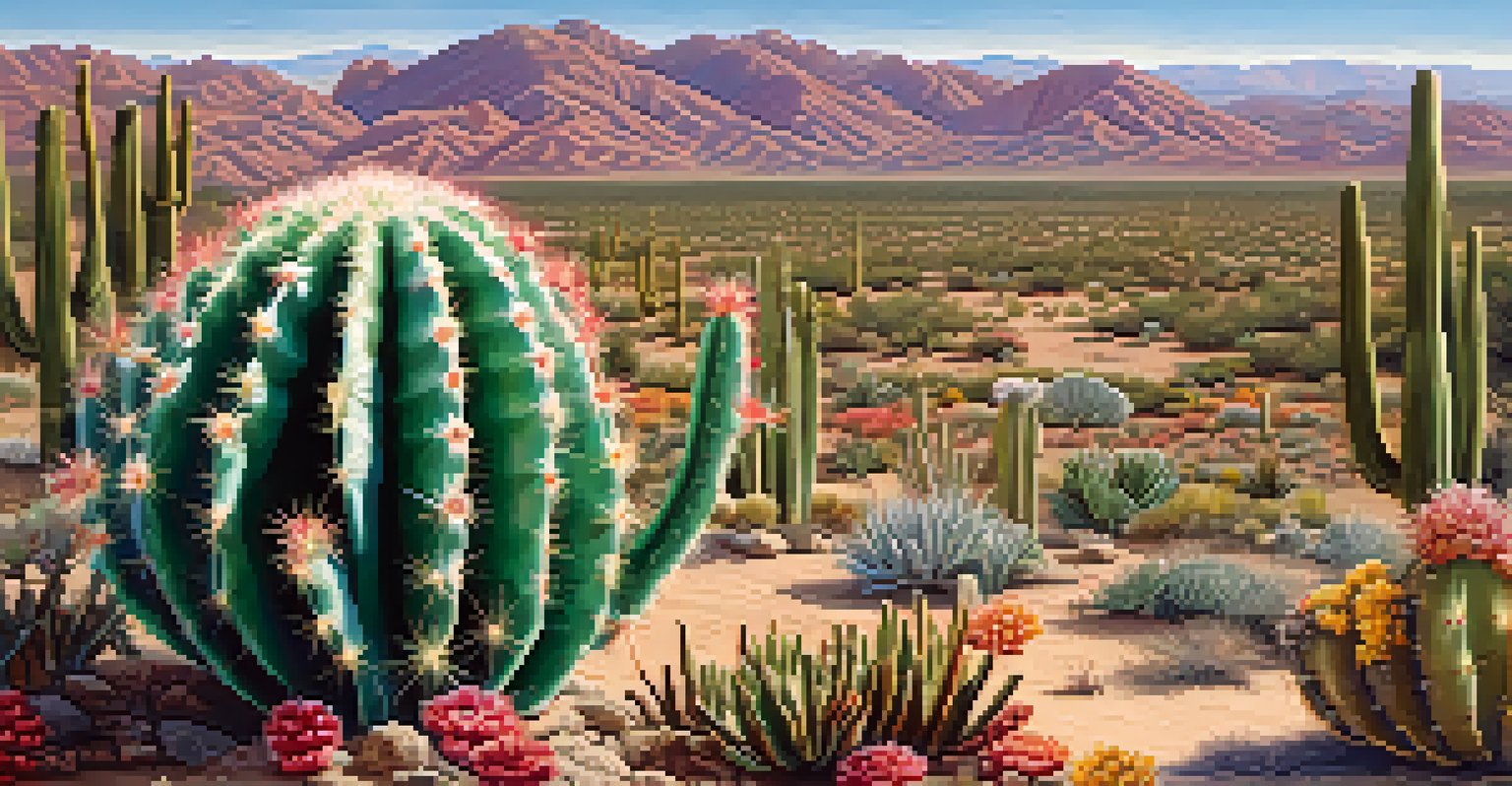 A detailed close-up of a peyote cactus showcasing its unique spines and flowers against a desert landscape.