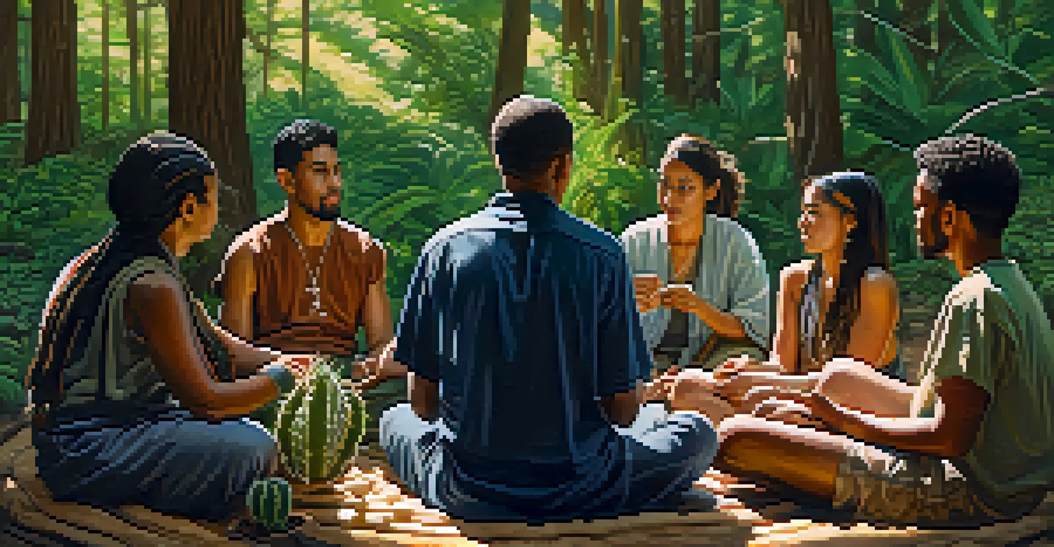 A diverse group of people in a circle participating in a peyote ceremony in a forest.
