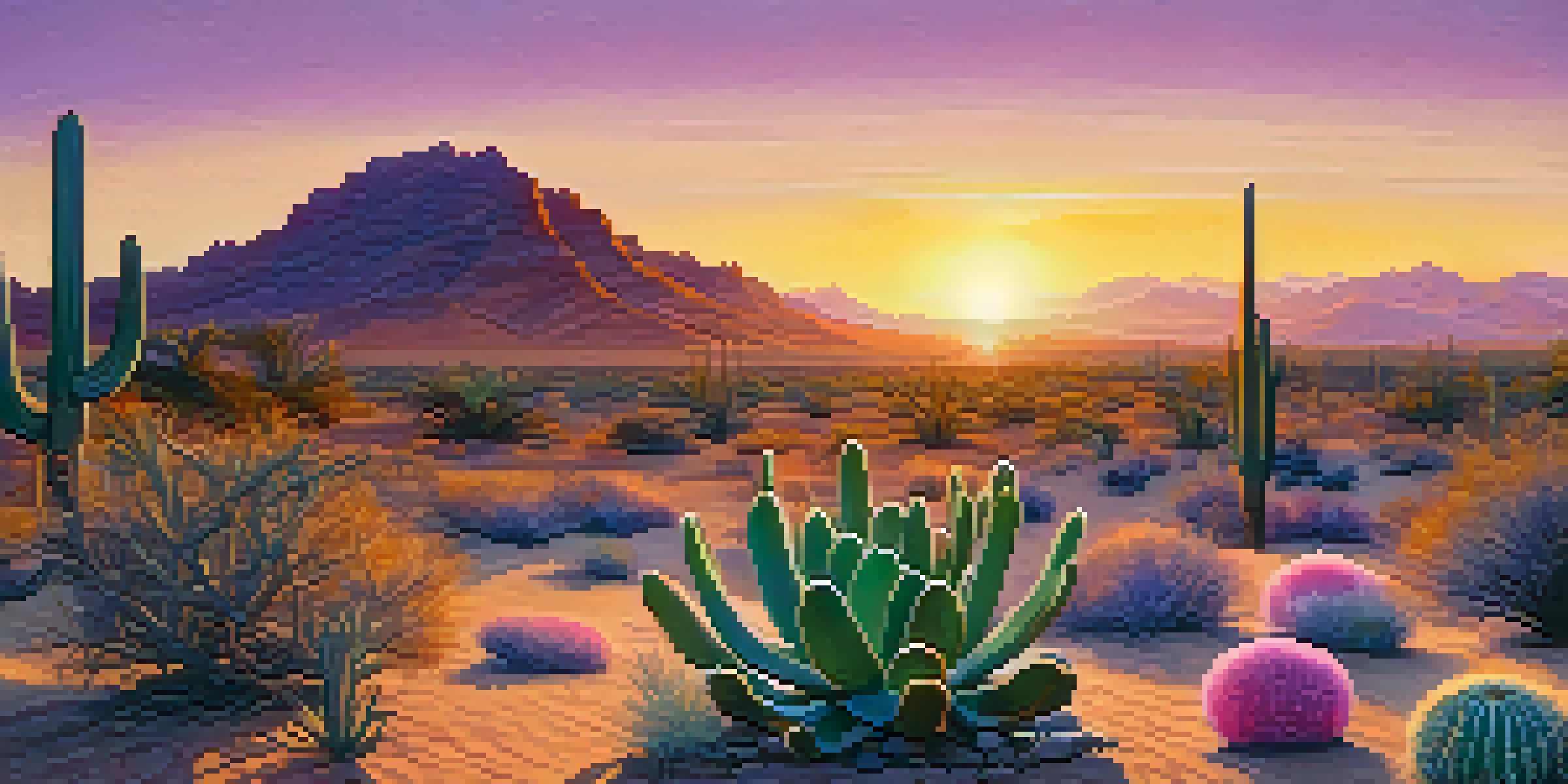 A tranquil desert scene with a peyote cactus in front of a colorful sunset sky, surrounded by desert plants.