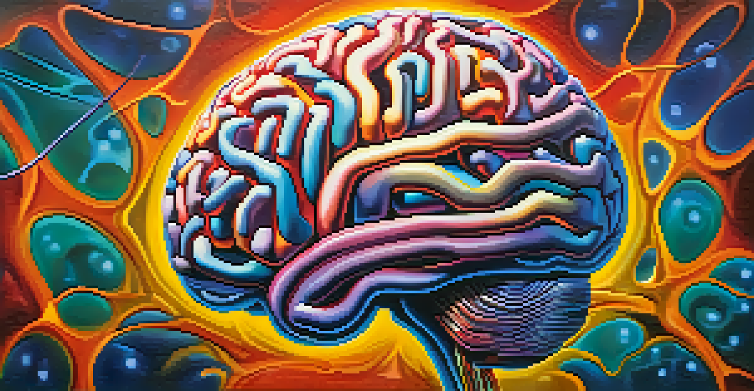 A colorful artistic representation of a brain with flowing lines and shapes, symbolizing serotonin receptors and cognitive enhancement.