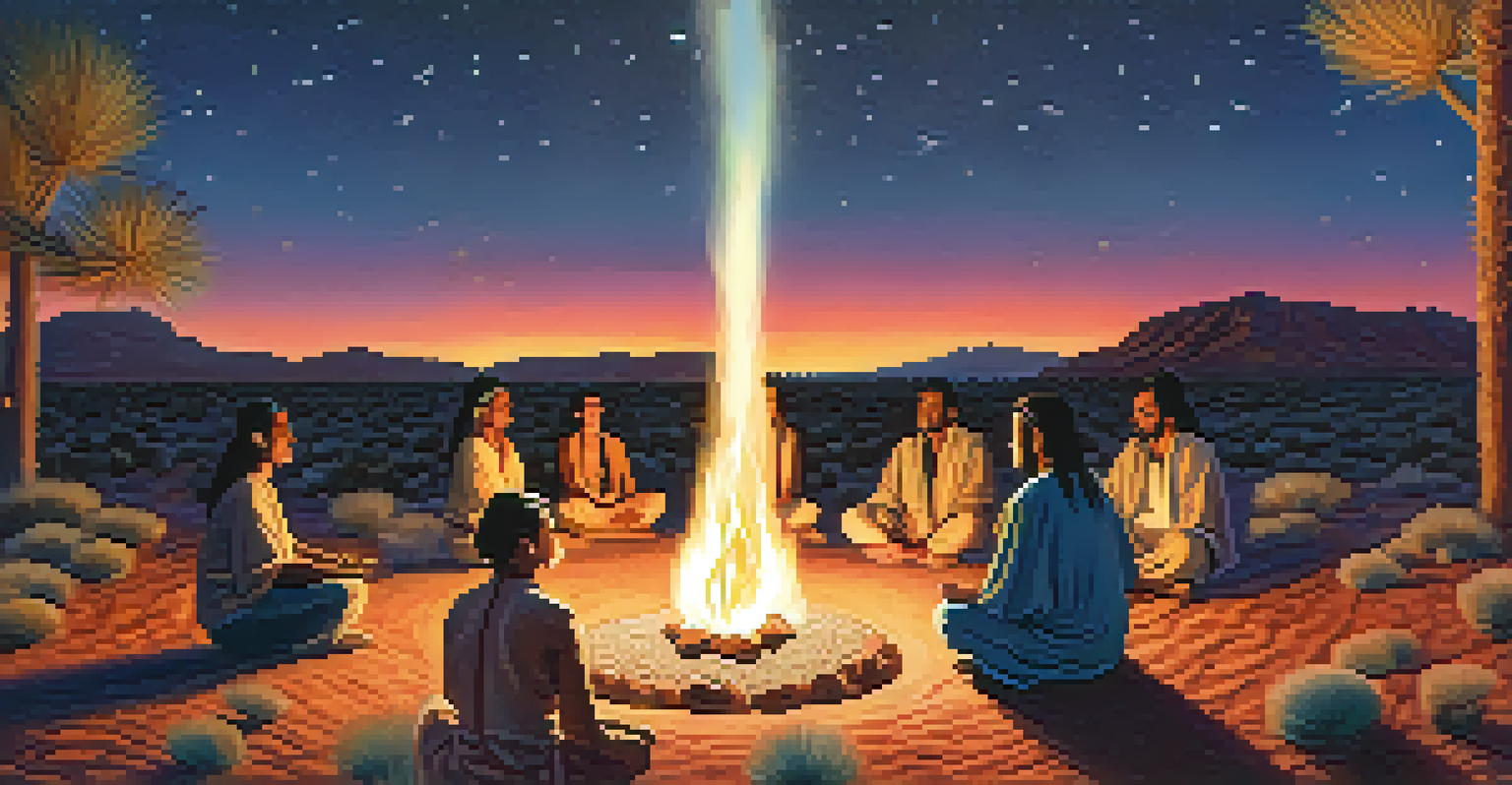 Participants in a peyote ceremony meditating in a circle around a fire in a desert landscape, under a starry sky.