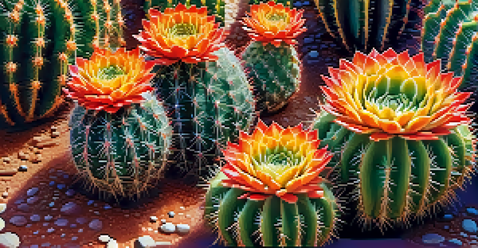 A close-up of vibrant peyote cacti with droplets of dew in the morning light, emphasizing their unique textures.