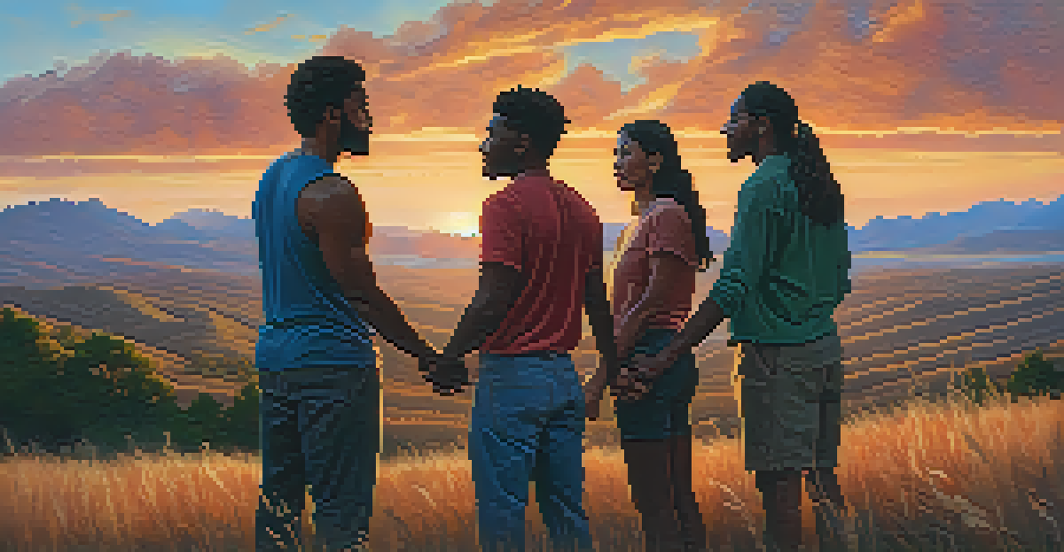 A group of diverse people holding hands in a circle against a stunning sunset backdrop, symbolizing community and support.