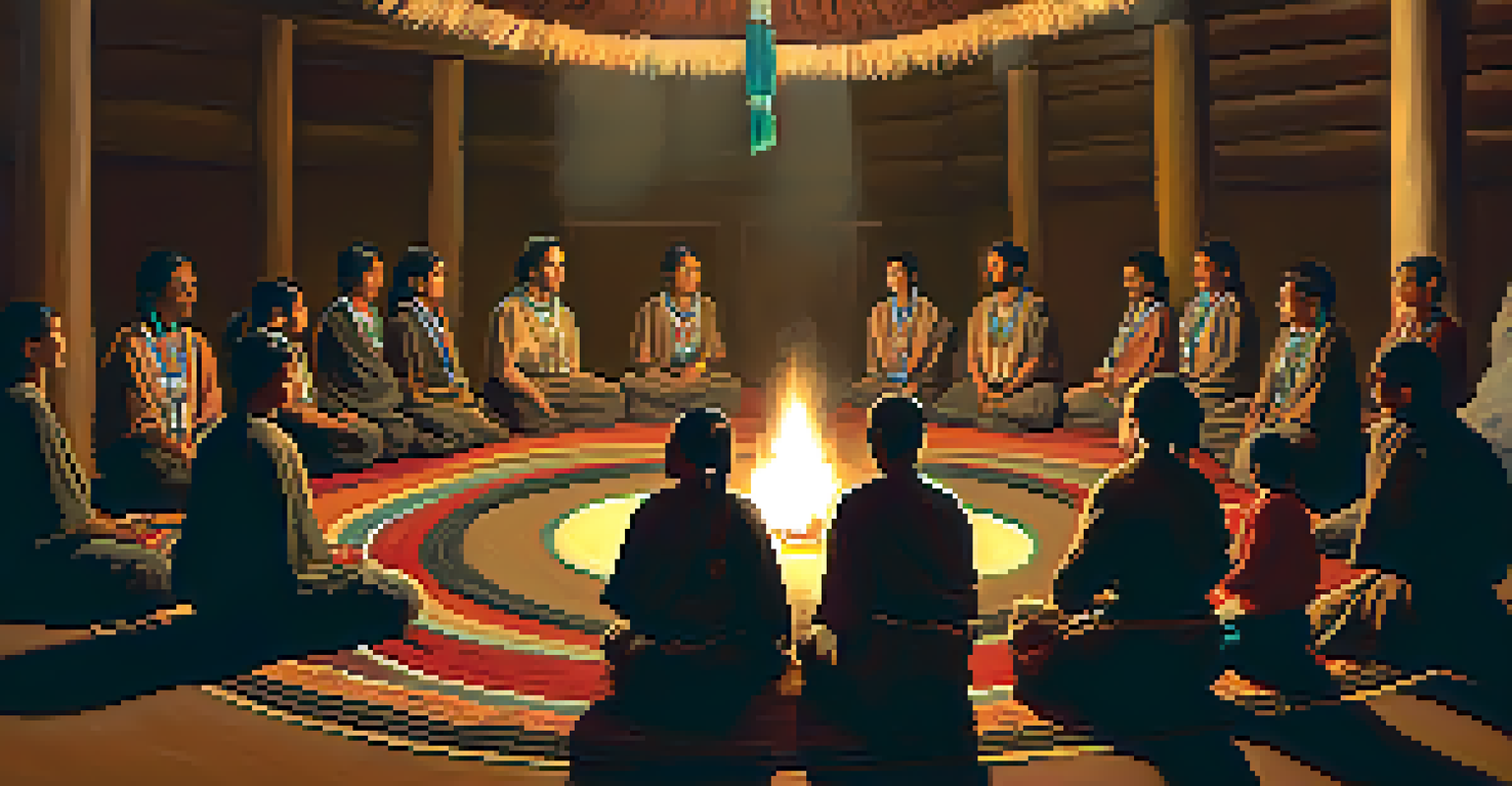 A traditional Peyote ceremony in a dimly lit room with participants sitting in a circle, surrounded by soft candlelight and cultural artifacts.