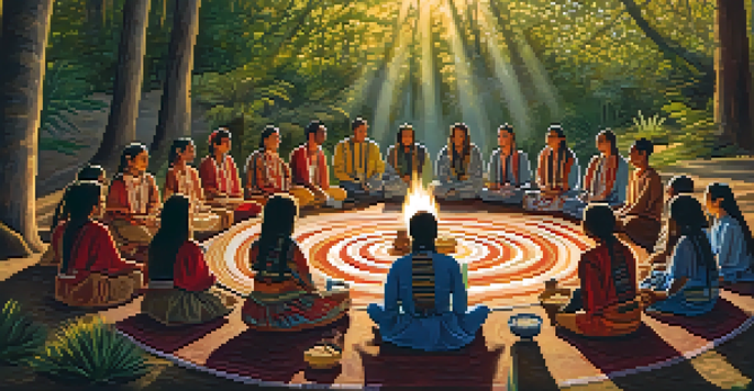 A group of participants in traditional clothing gathered in a circle for a peyote ceremony in a forest setting, with warm light filtering through the trees.
