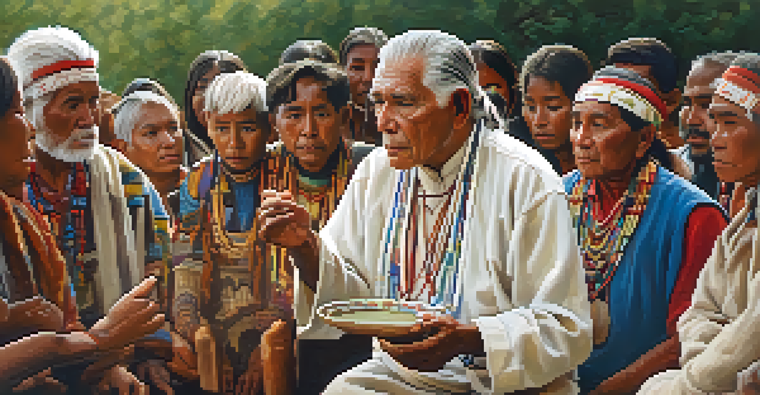 An elder conducting a peyote ceremony, with engaged community members listening attentively in a beautifully decorated space.