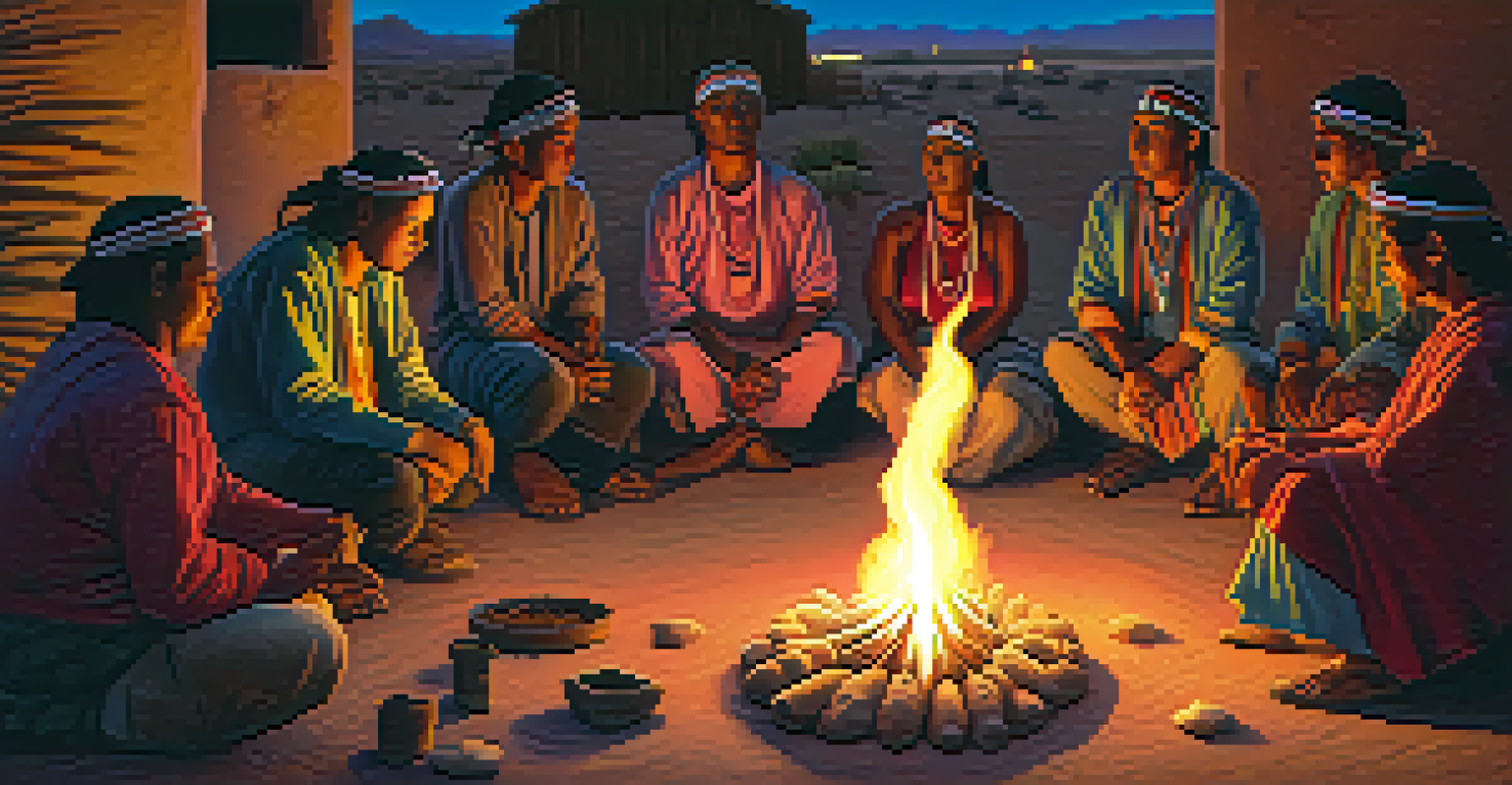 A group of Indigenous people participating in a ceremony around a fire with a Peyote cactus.