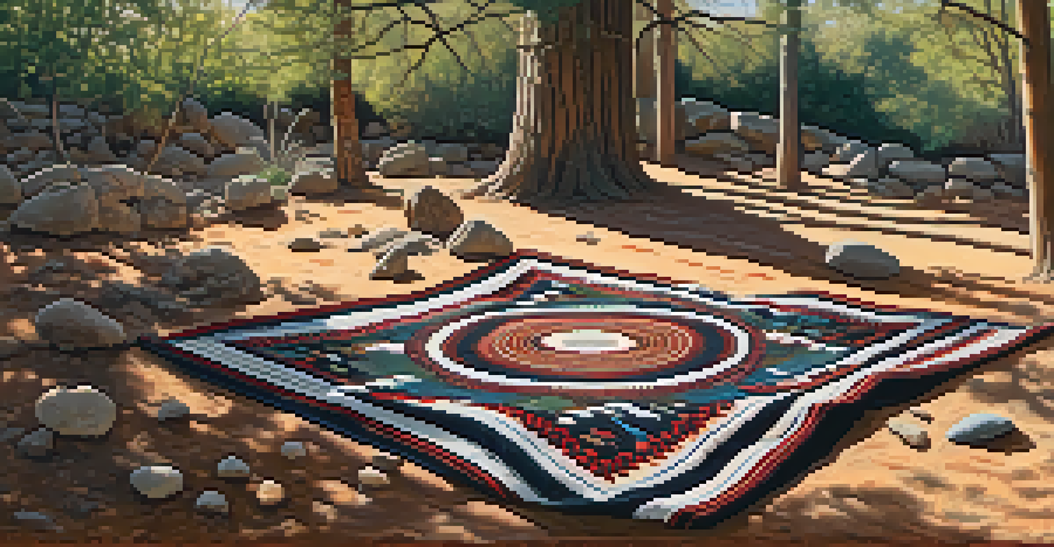 A Native American ceremonial blanket on the ground with peyote buttons, surrounded by natural elements and dappled sunlight.