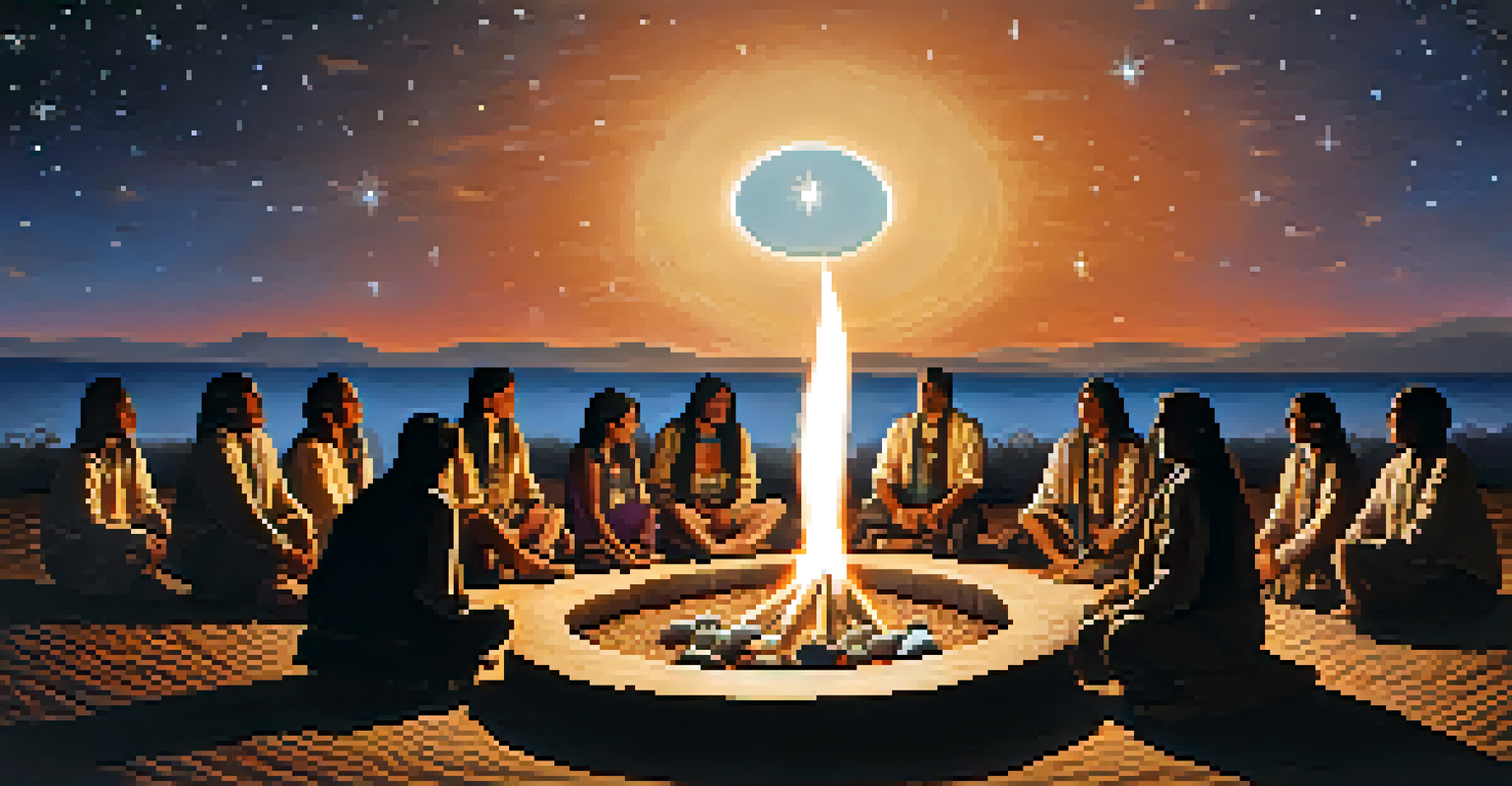 A Native American ceremony with participants sitting in a circle around a fire under a starry sky.