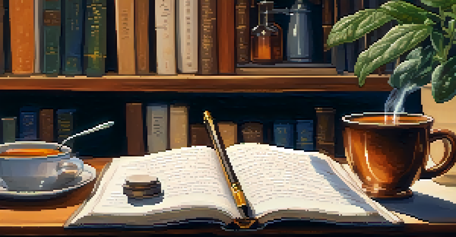 A hand writing in a journal next to a steaming cup of tea in a cozy, warmly lit room.