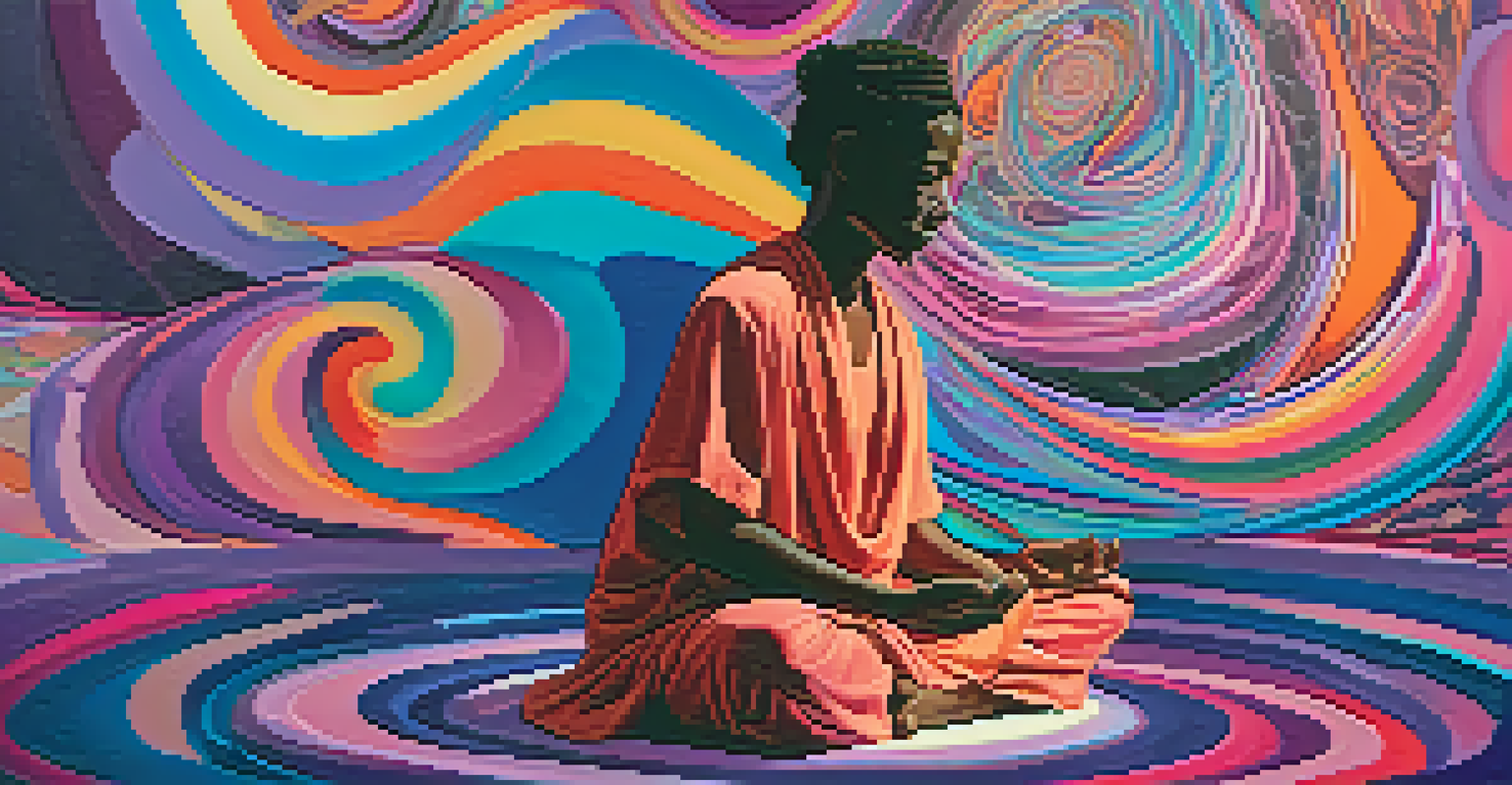 A colorful abstract illustration of a person meditating with swirling psychedelic patterns around them.