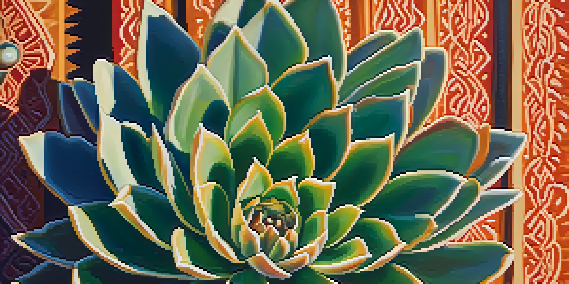 A close-up view of a peyote cactus highlighted by warm sunlight, with intricate details and blurred traditional Indigenous art in the background.