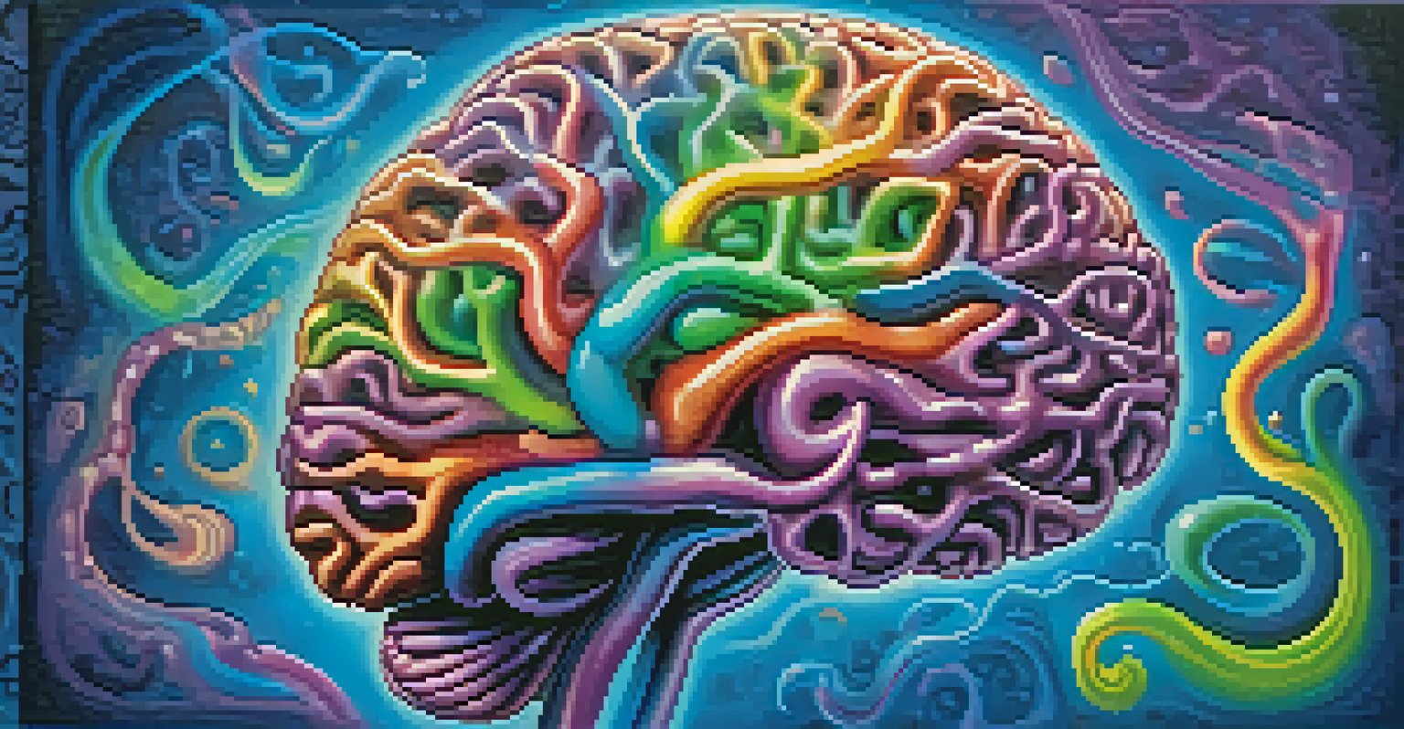 A colorful artistic representation of a brain highlighting serotonin pathways and emotional connections.