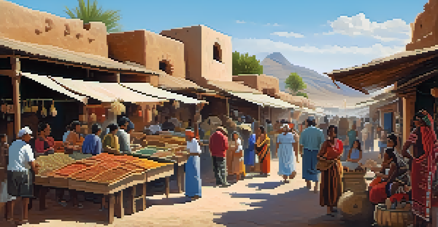 Eco-tourism market scene with tourists and Indigenous artisans, showcasing traditional crafts in a vibrant community setting.