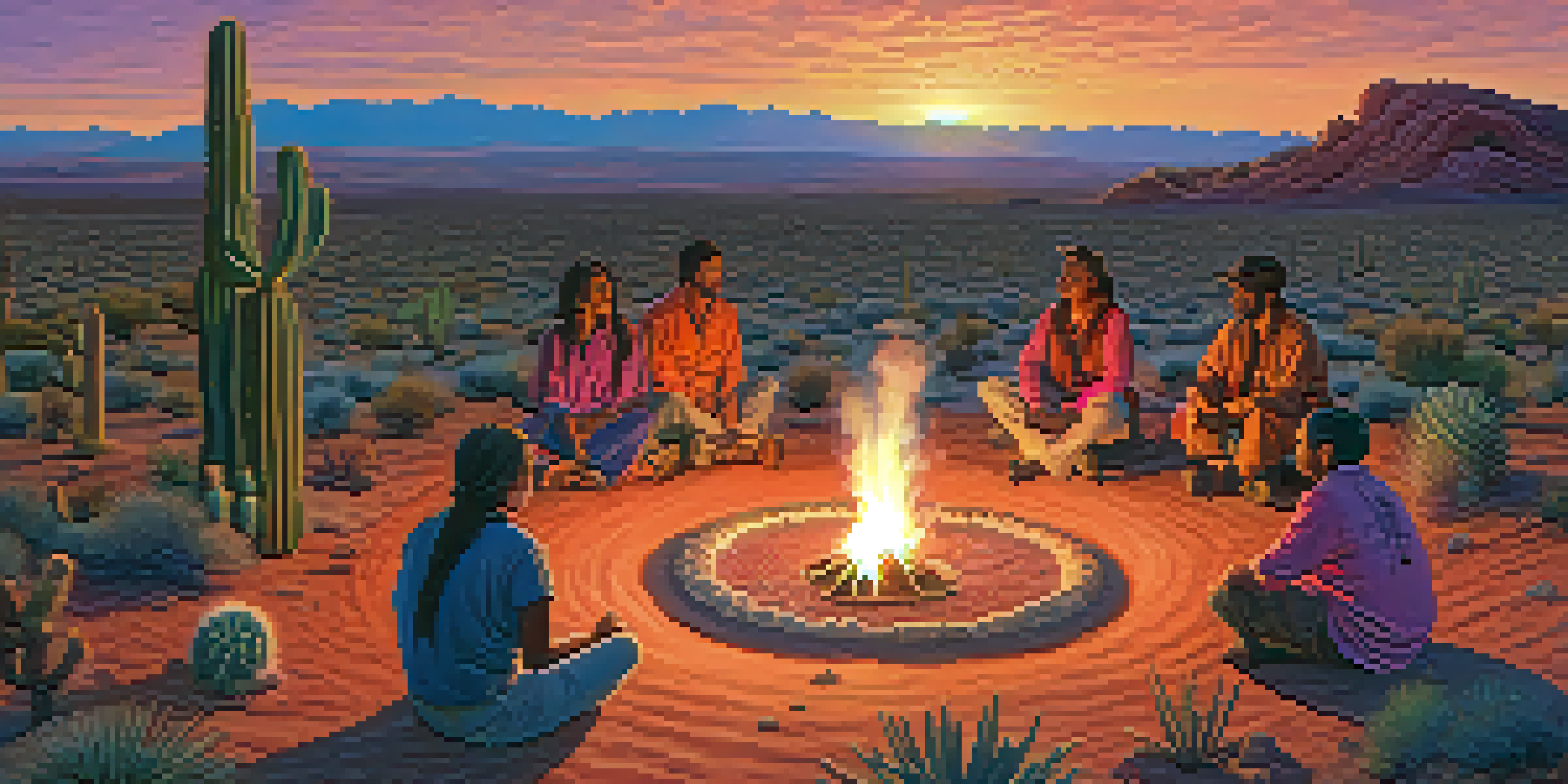 A tranquil desert scene with individuals gathered around a fire for a peyote ceremony, illuminated by a colorful sunset sky.