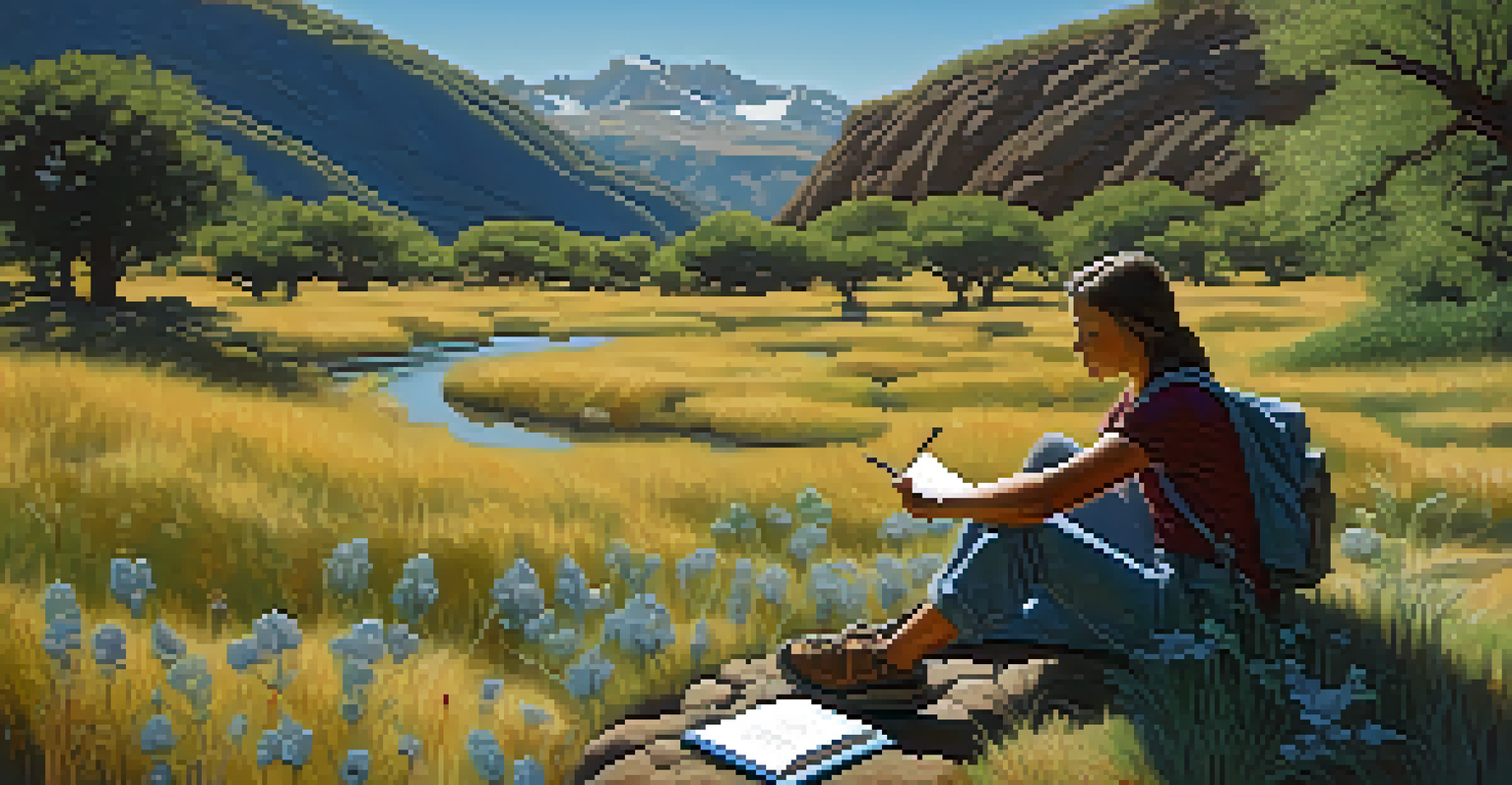 A person journaling outdoors after a Peyote experience, surrounded by wildflowers and mountains under a bright blue sky, with sunlight filtering through the trees.