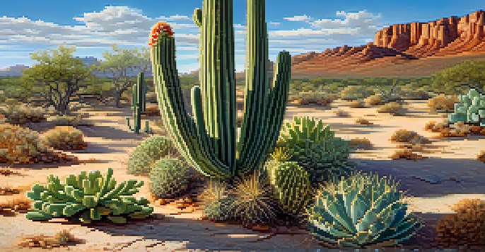 A peaceful desert scene featuring a Peyote cactus surrounded by colorful plants and a bright blue sky.