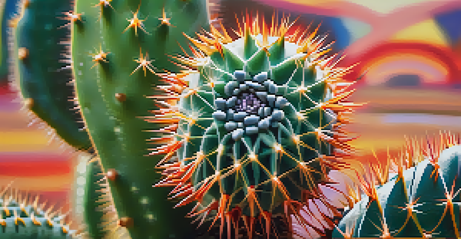 A detailed close-up of a Peyote cactus, showcasing its spines and colors, with a softly blurred background representing a therapeutic space.