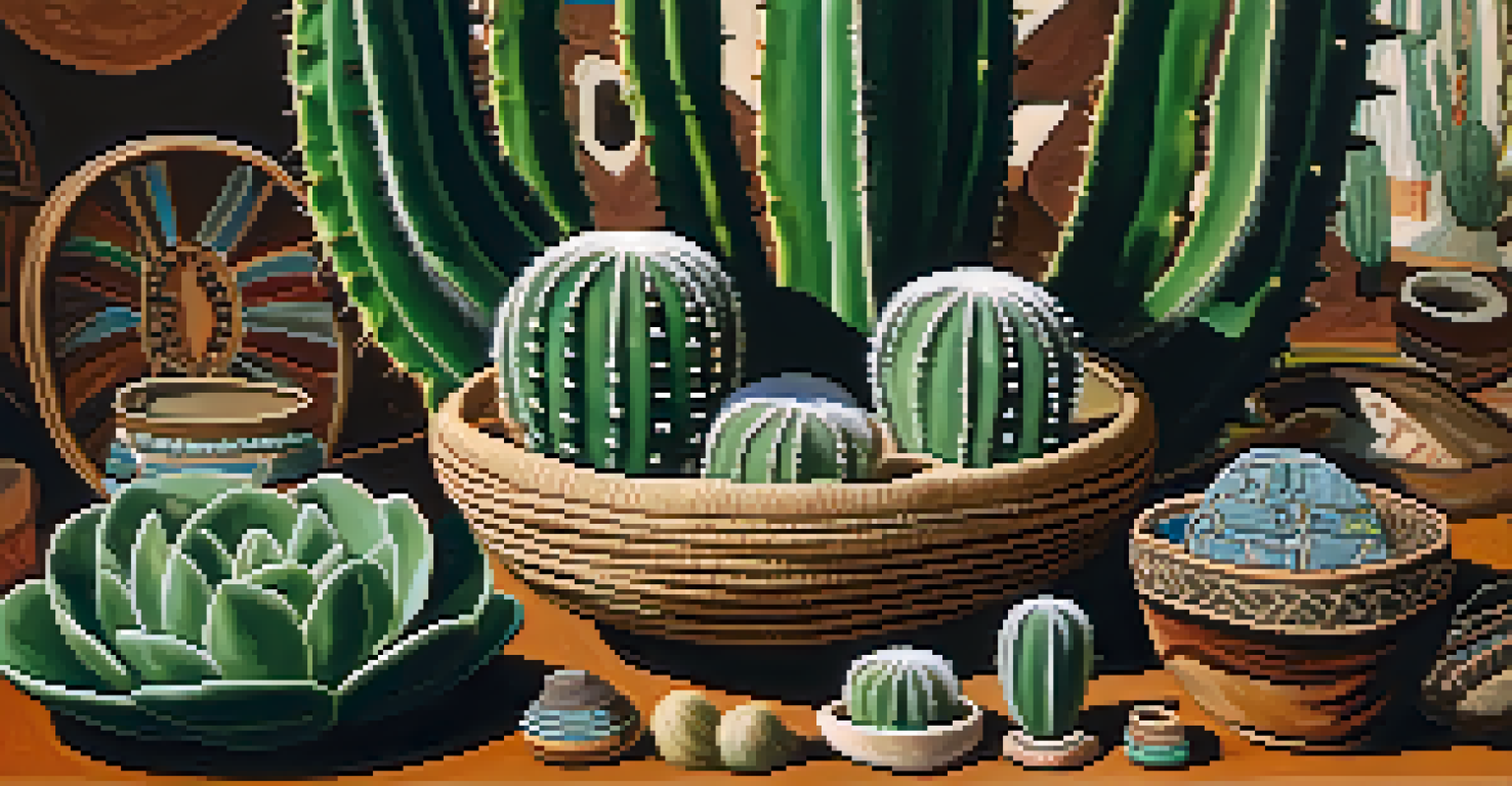 Close-up of a peyote cactus with traditional Native American ceremonial items in the background.