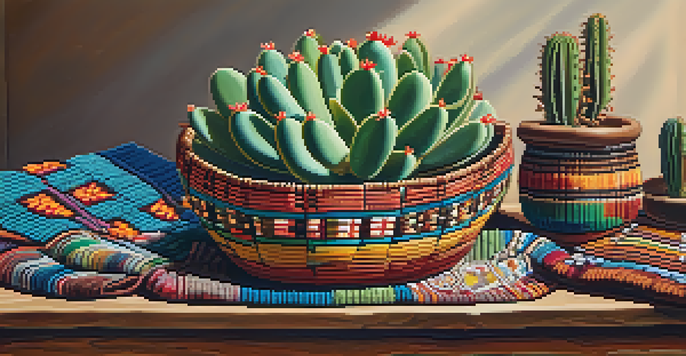 A close-up of a peyote cactus on a wooden table with traditional Indigenous artifacts around it, illuminated by warm light.