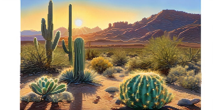 A small peyote cactus in a colorful desert landscape at sunset, with warm lighting and vibrant plants.