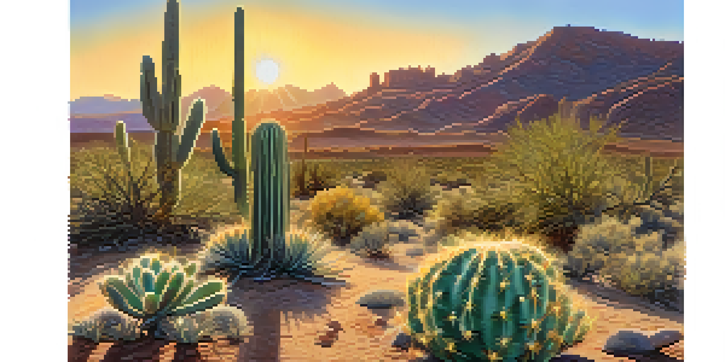 A small peyote cactus in a colorful desert landscape at sunset, with warm lighting and vibrant plants.