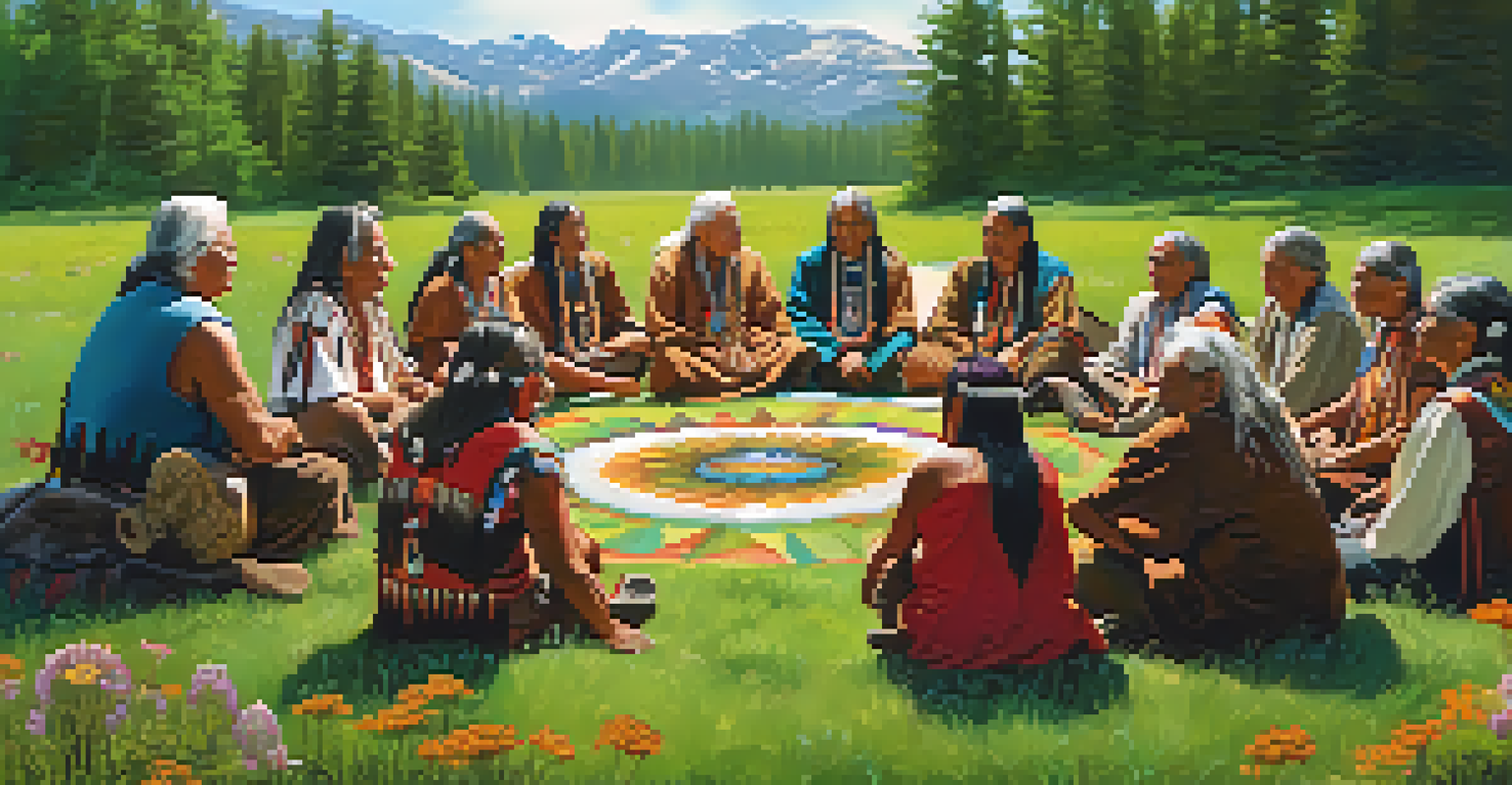 Native American elders in a meadow, sharing peyote songs and stories, surrounded by wildflowers.