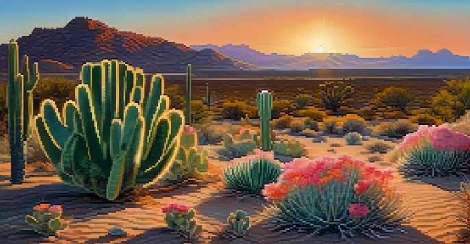 A peaceful desert scene with a peyote cactus, colorful flora, and a sunset sky.